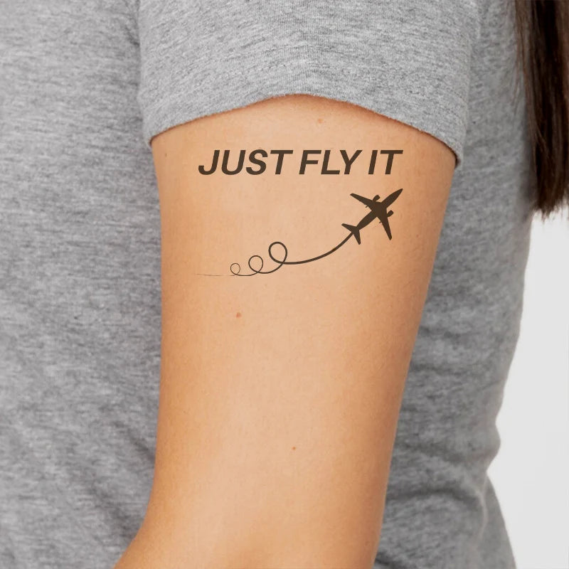 Just Fly It aviation temporary tattoo in skin-safe adhesive paper.