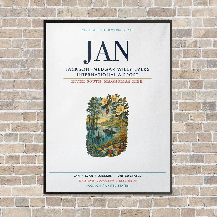 Jackson–Medgar Wiley Evers International Airport JAN vertical canvas print - framed - white background