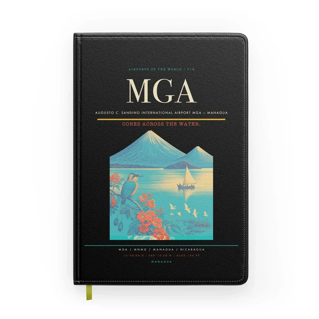 Augusto C. Sandino International Airport (MGA) design on black notebook