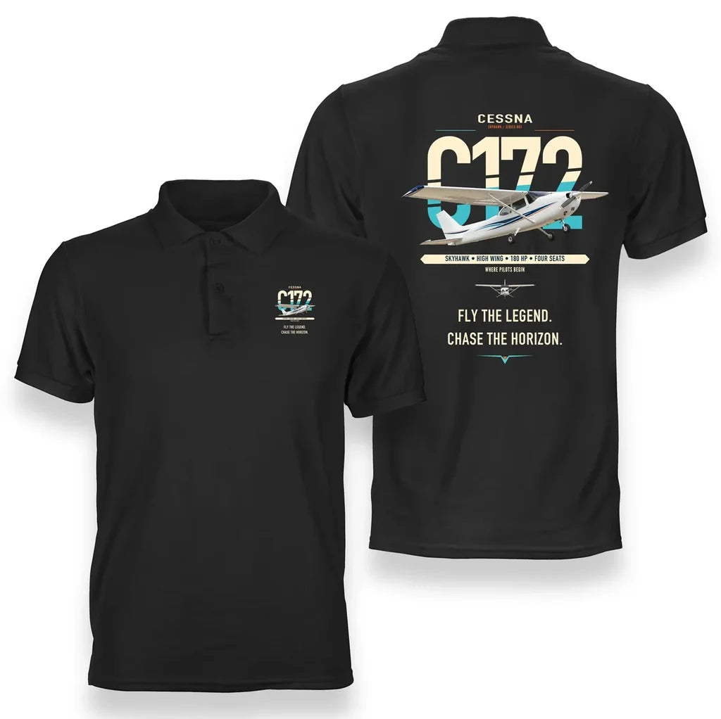 Cessna 172 Skyhawk design on black double-side polo t-shirt, double-side print