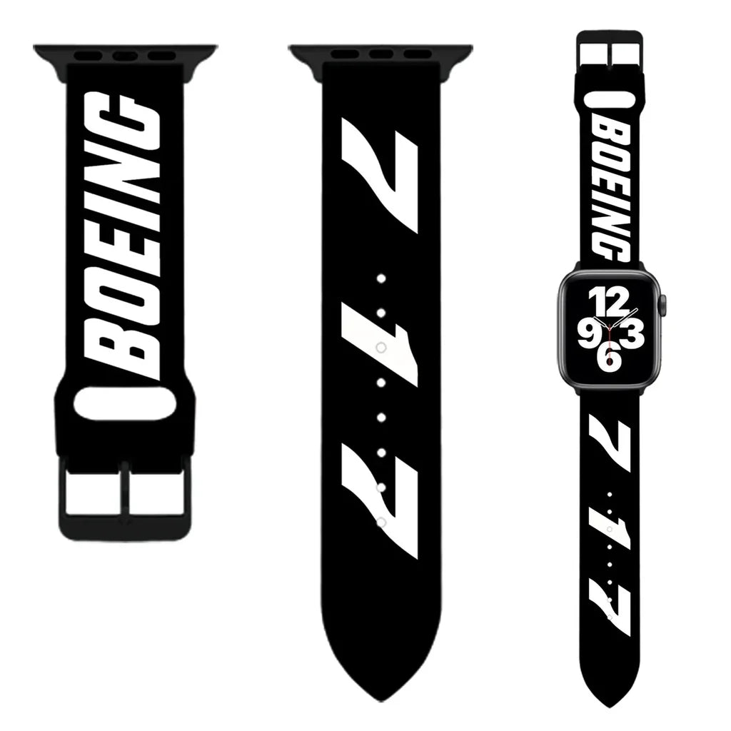 Boeing 717 Flat Text aviation-themed Apple Watch band, polished soft silicone.