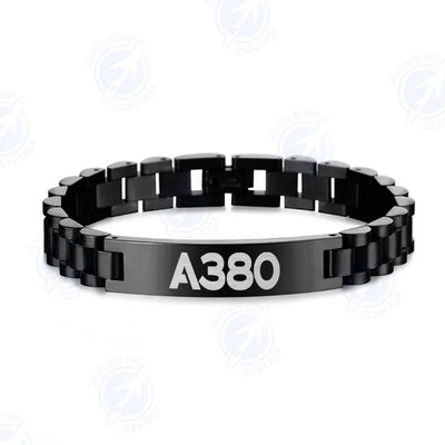 Airbus A380 Flat Text aviation-themed chain bracelet, polished stainless steel.
