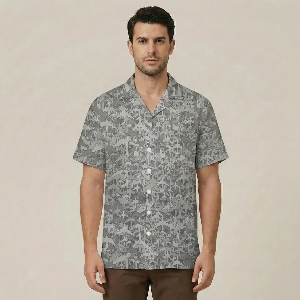 Dark Coloured Airplanes aviation design printed on lightweight cotton blend Hawaiian shirt.