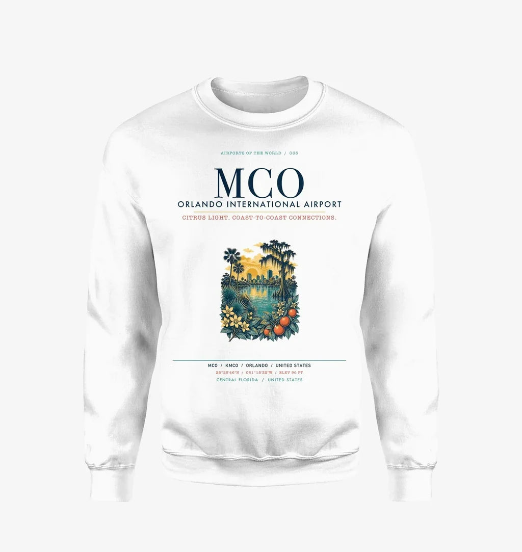 Orlando International Airport (MCO) design on white sweatshirt