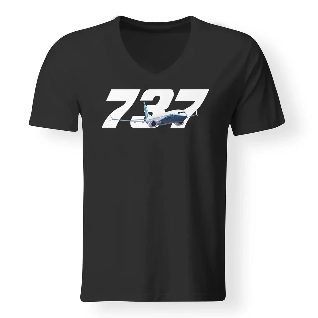 Super Boeing 737 aviation design printed on soft cotton V-neck T-shirt.