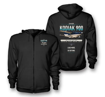 Daher Kodiak 900 design on black premium zipped hoodie, double-side print