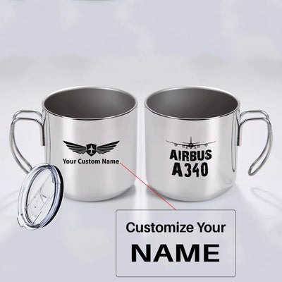 Airbus A340 & Plane aviation design on portable mug, vacuum-insulated double-wall.