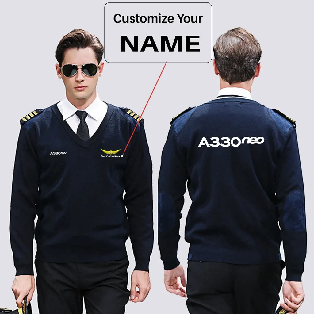 A330neo & Text aviation design on premium wool blend wool pilot sweater.