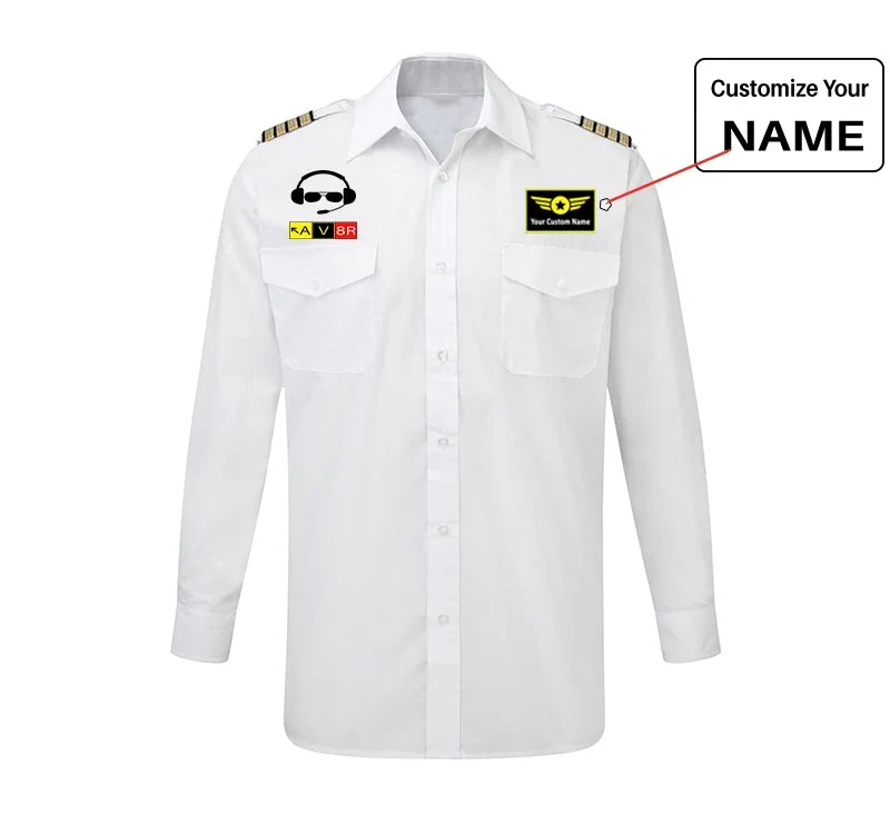 AV8R 2 aviation design printed on crisp poplin cotton long-sleeve pilot shirt.