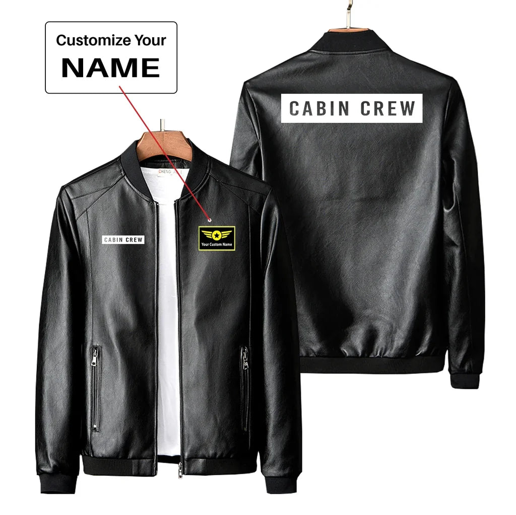 Cabin Crew Text PU aviation design printed on genuine leather with quilted lining leather jacket.