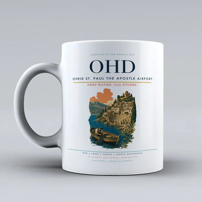 Ohrid St. Paul the Apostle Airport (OHD) airport code design on white ceramic mug