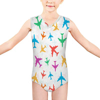 Thumbnail for Cheerful Seamless Airplanes aviation print on kids quick-dry fabric swimsuit.