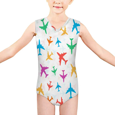 Cheerful Seamless Airplanes aviation print on kids quick-dry fabric swimsuit.