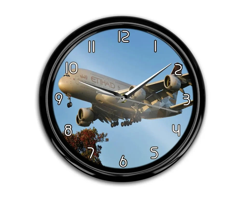 Etihad Airways A380 aviation themed wall clock, premium wood and metal.
