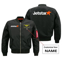 Thumbnail for Jetstar Airlines aviation design with custom name embroidered on black bomber jacket