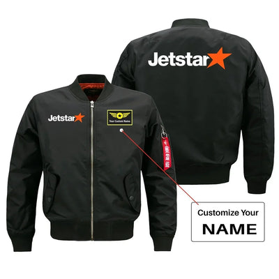 Jetstar Airlines aviation design with custom name embroidered on black bomber jacket