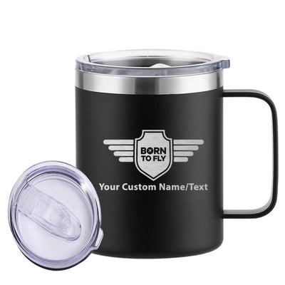 Custom Name (Badge 5) aviation design on laser-engraved mug, permanent laser engraving on stainless.