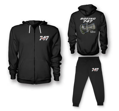 Boeing 747 & GENX Engine aviation design on soft cotton blend zipped hoodie and sweatpants set.