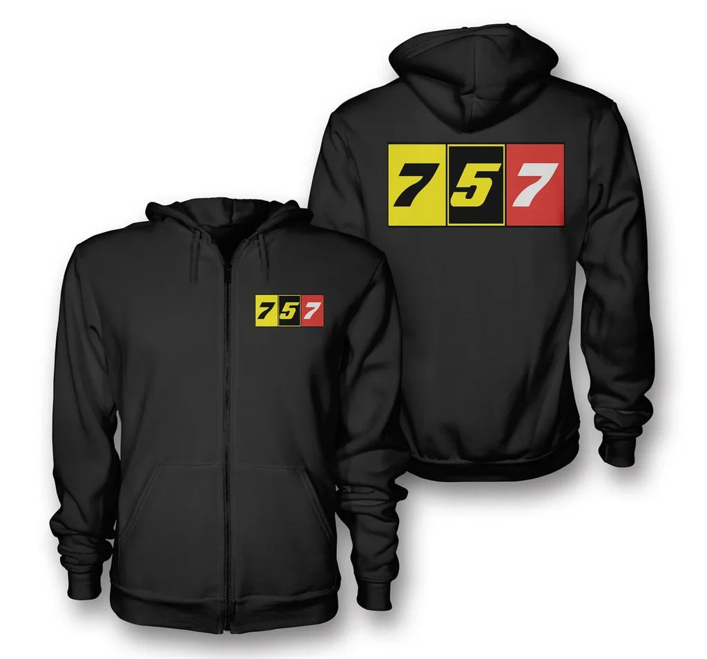 Flat Colourful 757 aviation design on soft cotton blend zipped hoodie.