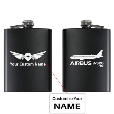 The Airbus A320Neo aviation design on stainless hip flask, compact pocket-size flask.