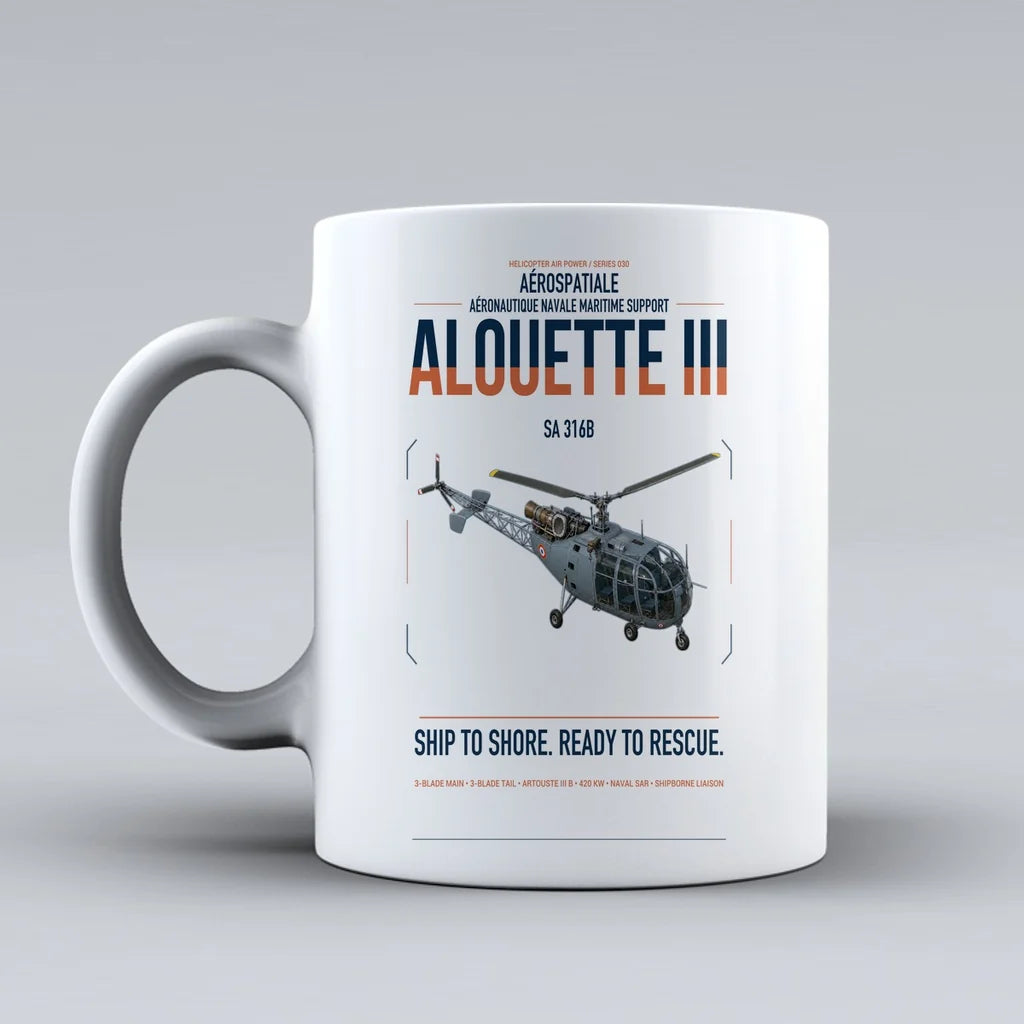 Aérospatiale SA 316B Alouette III design on white ceramic mug, double-side print