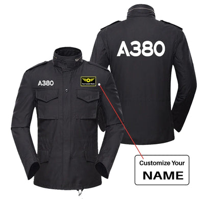 Airbus A380 Flat Text aviation design printed on heavy cotton coat with field details military coat.