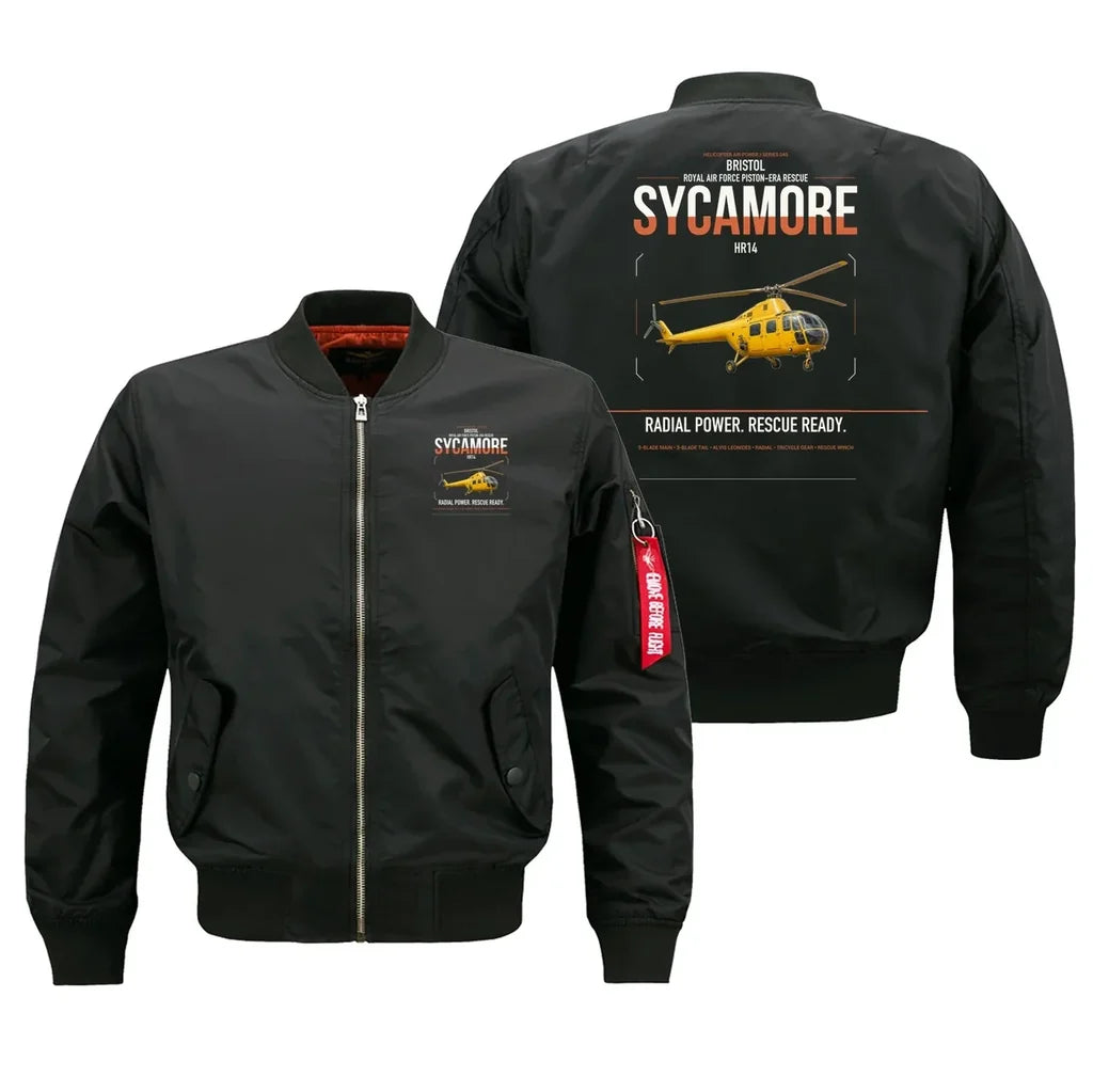 Bristol Sycamore HR14 design on black bomber jacket, double-side print