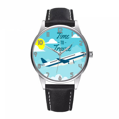 Time to aviation-themed watch with leather strap, polished leather strap.