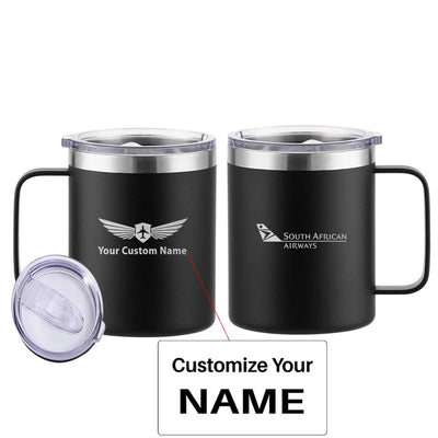South African Airways aviation design on laser-engraved mug, permanent laser engraving on stainless.