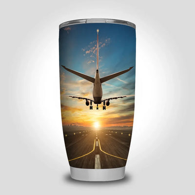 Airplane over Runway Towards the Travel Mug