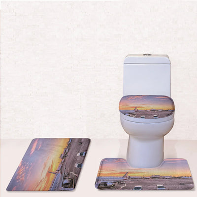 Airport Photo During Sunset Toilet Seat Cover Three-piece aviation print on soft fabric toilet seat cover set.