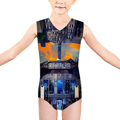 Amazing Boeing 737 Cockpit aviation print on kids quick-dry fabric swimsuit.
