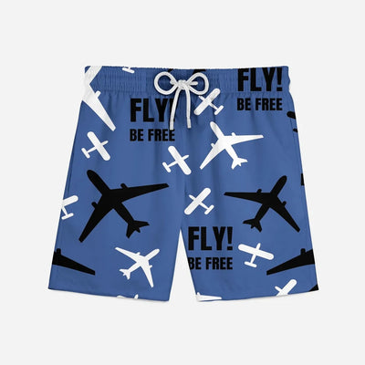 Fly Be Free (Blue) aviation design on quick-dry polyester swim trunks.