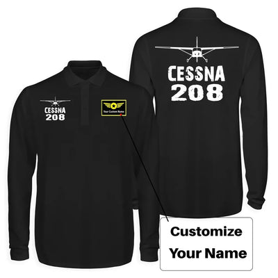 Cessna 208 & Plane Long Sleeve Polo T-Shirts (Double-Side) aviation design printed on soft cotton long-sleeve double-side polo.