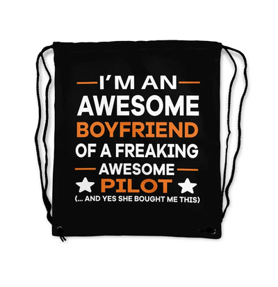 I am an Awesome Boyfriend aviation print drawstring bag, lightweight polyester.