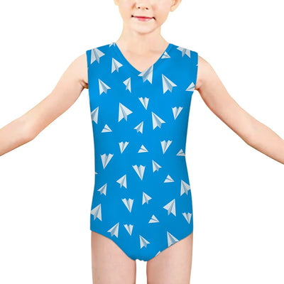 Paper Airplanes (Blue) aviation print on kids quick-dry fabric swimsuit.
