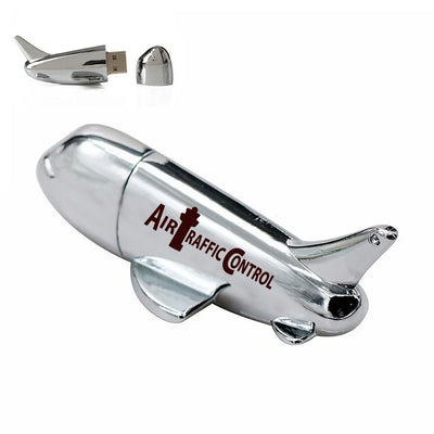 Air Traffic Control aviation design on durable metal casing airplane-shape USB drive.