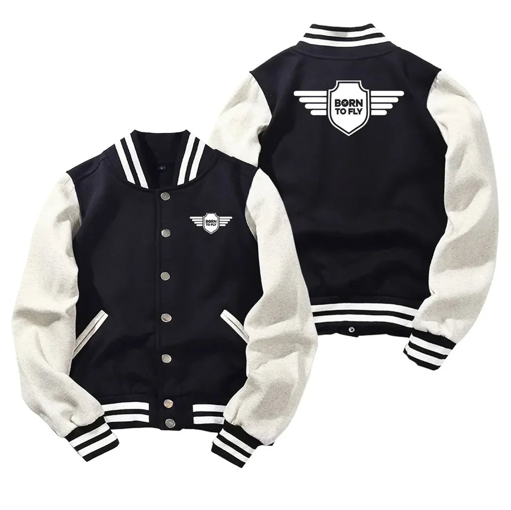 Born To Fly & Badge Baseball Style aviation design printed on two-tone shell with ribbed cuffs baseball jacket.