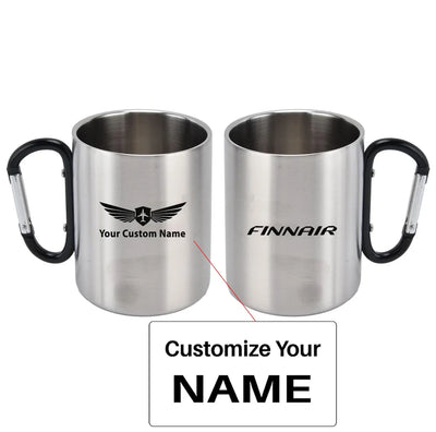 Finnair Airlines aviation design on outdoor mug, durable insulated construction.