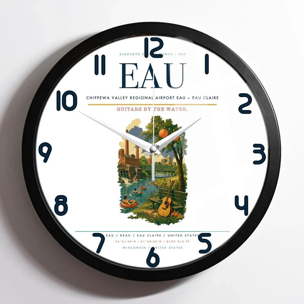 Chippewa Valley Regional Airport (EAU) design on white framed wall clock