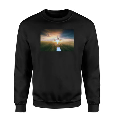Airplane Flying Over Runway aviation design printed on soft cotton blend sweatshirt.