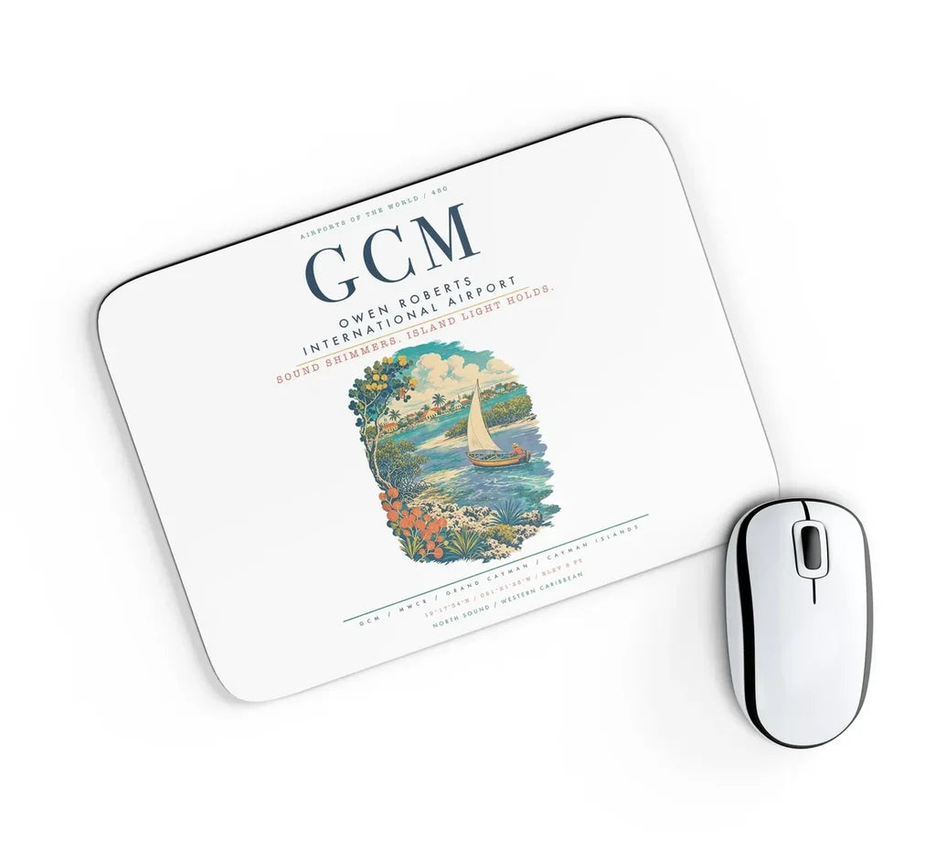 Owen Roberts International Airport (GCM) design on white rectangle mouse pad