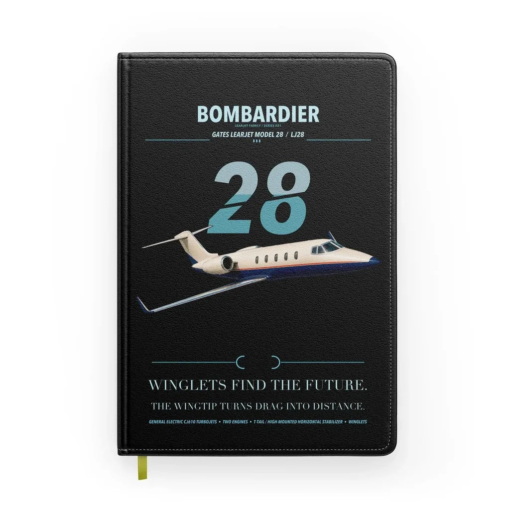 Bombardier Learjet 28 design on black notebook