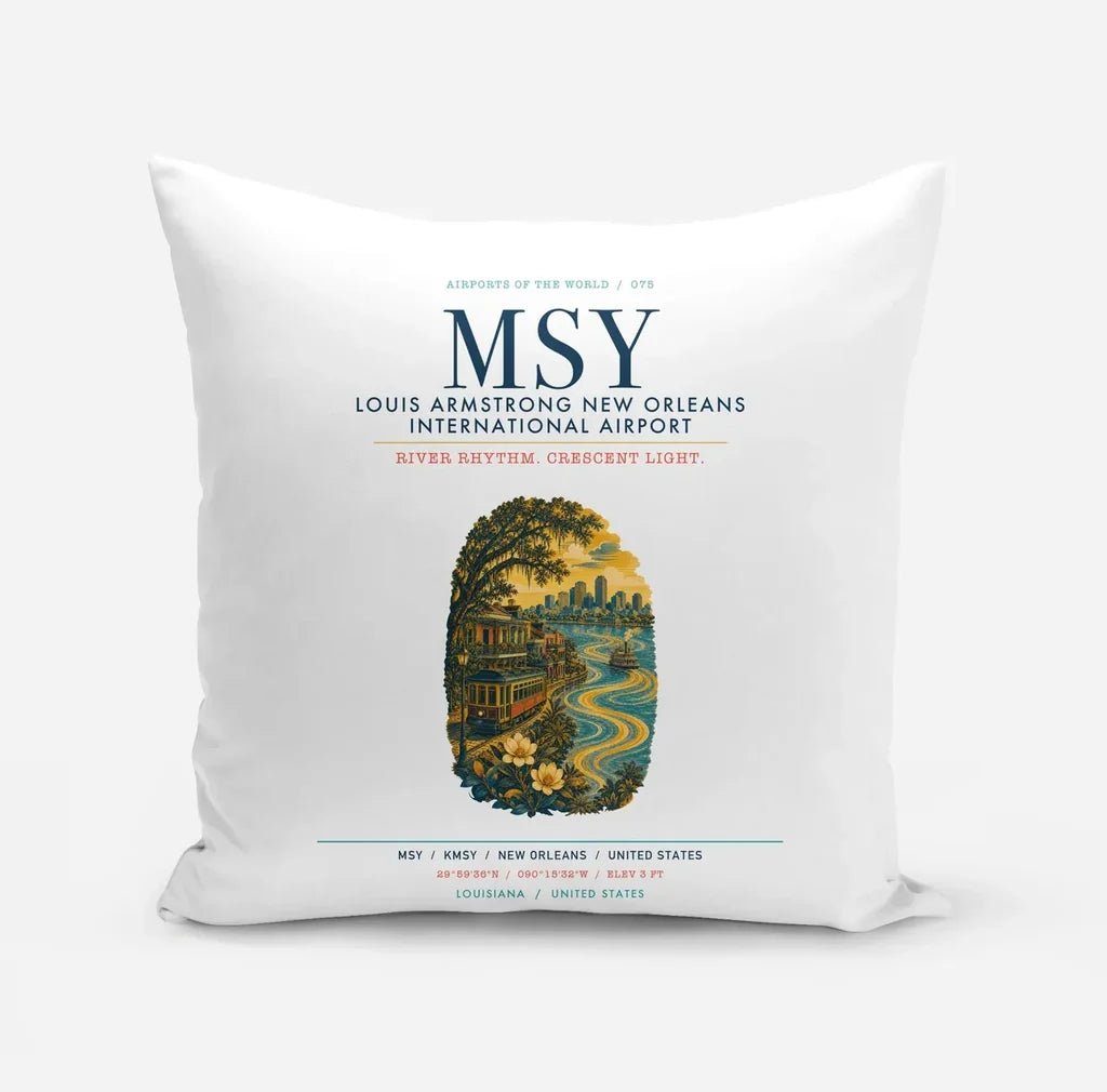 Louis Armstrong New Orleans International Airport (MSY) design on white pillow