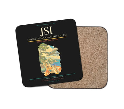 Skiathos Island National Airport (JSI) design on black 1 piece coaster