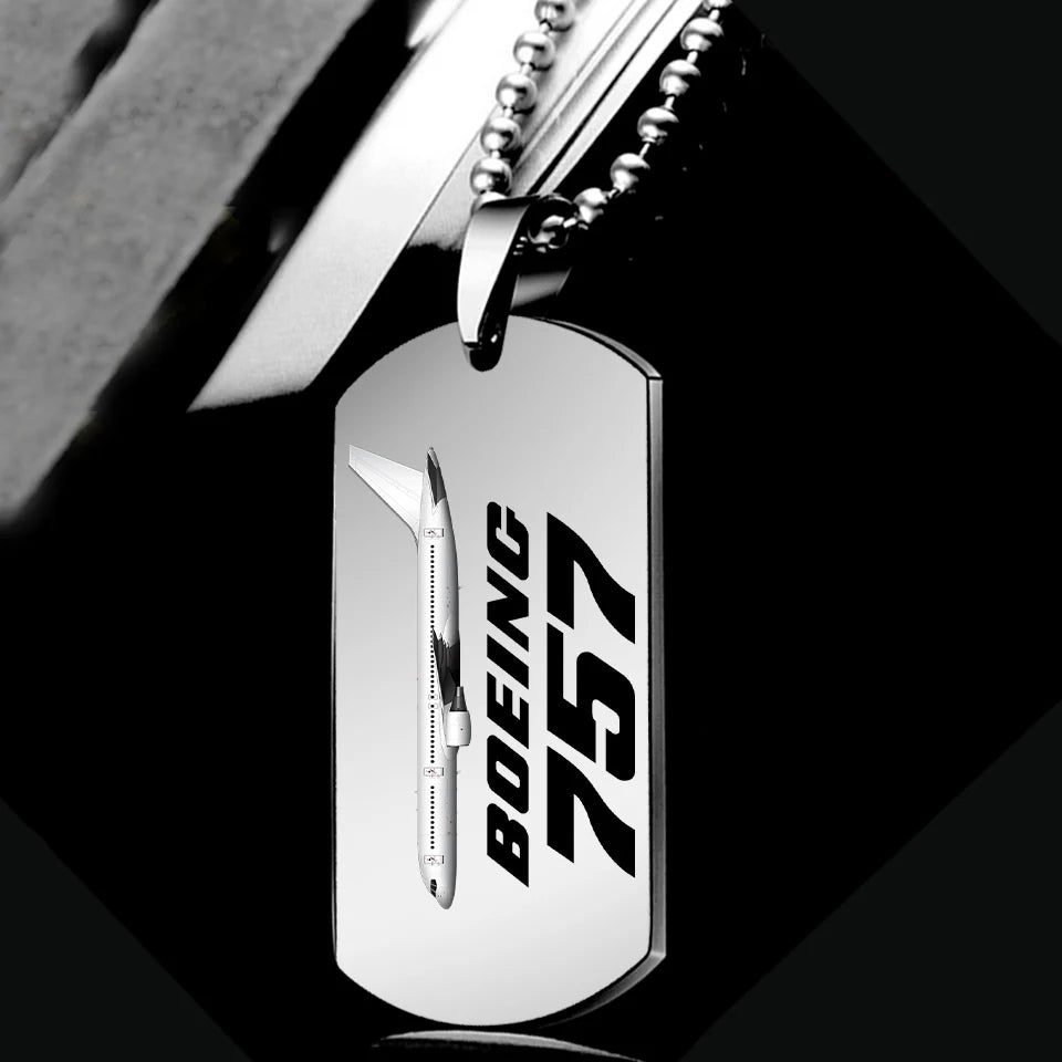Side view of The Boeing 757 aviation necklace in polished metal, polished finish.