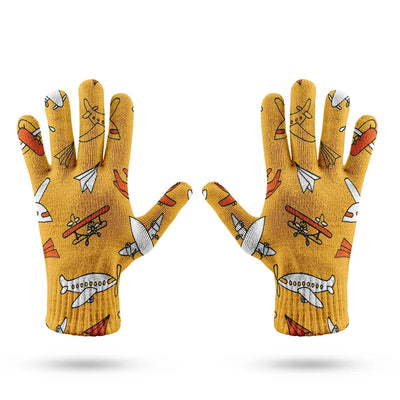 Super Drawings of Airplanes aviation design on soft knit fabric gloves.