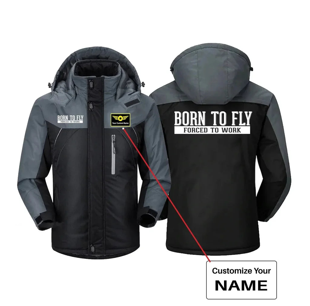 Born To Fly Forced To Work aviation design printed on heavyweight insulated shell thick winter jacket.