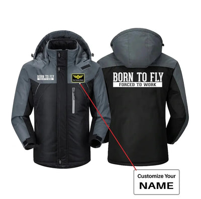Born To Fly Forced To Work aviation design printed on heavyweight insulated shell thick winter jacket.