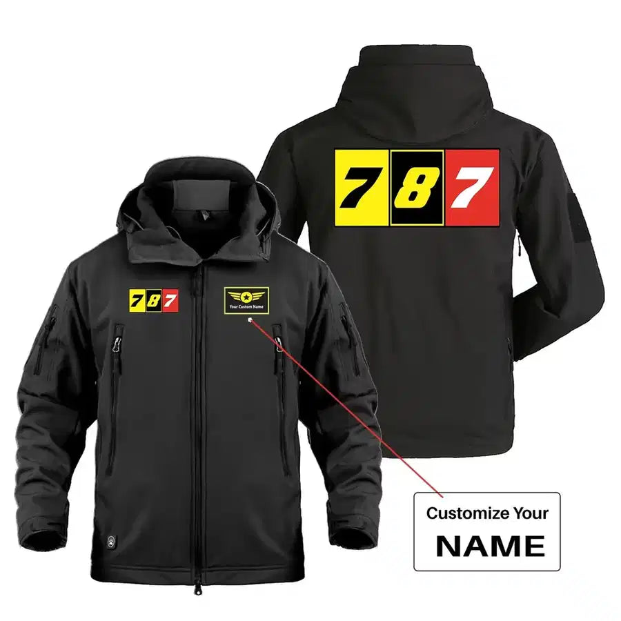 Flat Colourful 787 Military Jackets (Customizable) aviation design printed on heavy cotton shell with field-style pockets mil.